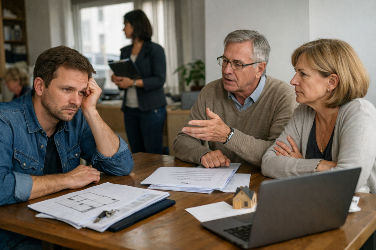 Homme âgé expliquant, homme jeune contrarié et femme attentive