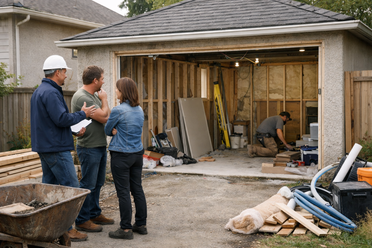 Couple discutant devant garage en rénovation, ouvrier et chien