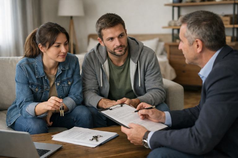 Couple discutant avec un conseiller tenant des documents