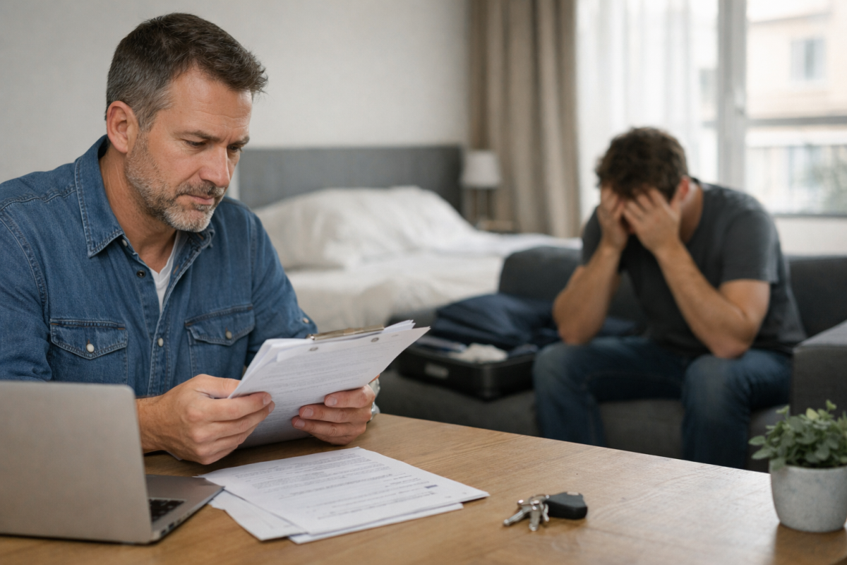 Homme lisant des papiers, autre homme tête entre les mains