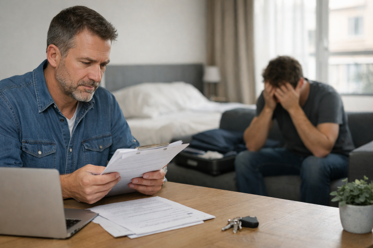 Homme lisant des papiers, autre homme tête entre les mains