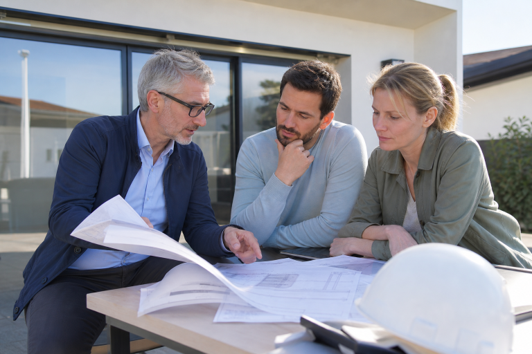 Trois personnes examinant des plans de chantier