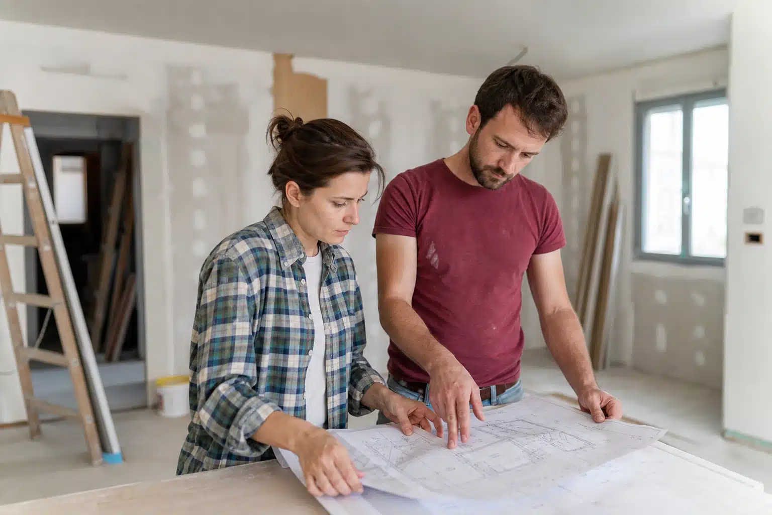 Couple examinant des plans de rénovation